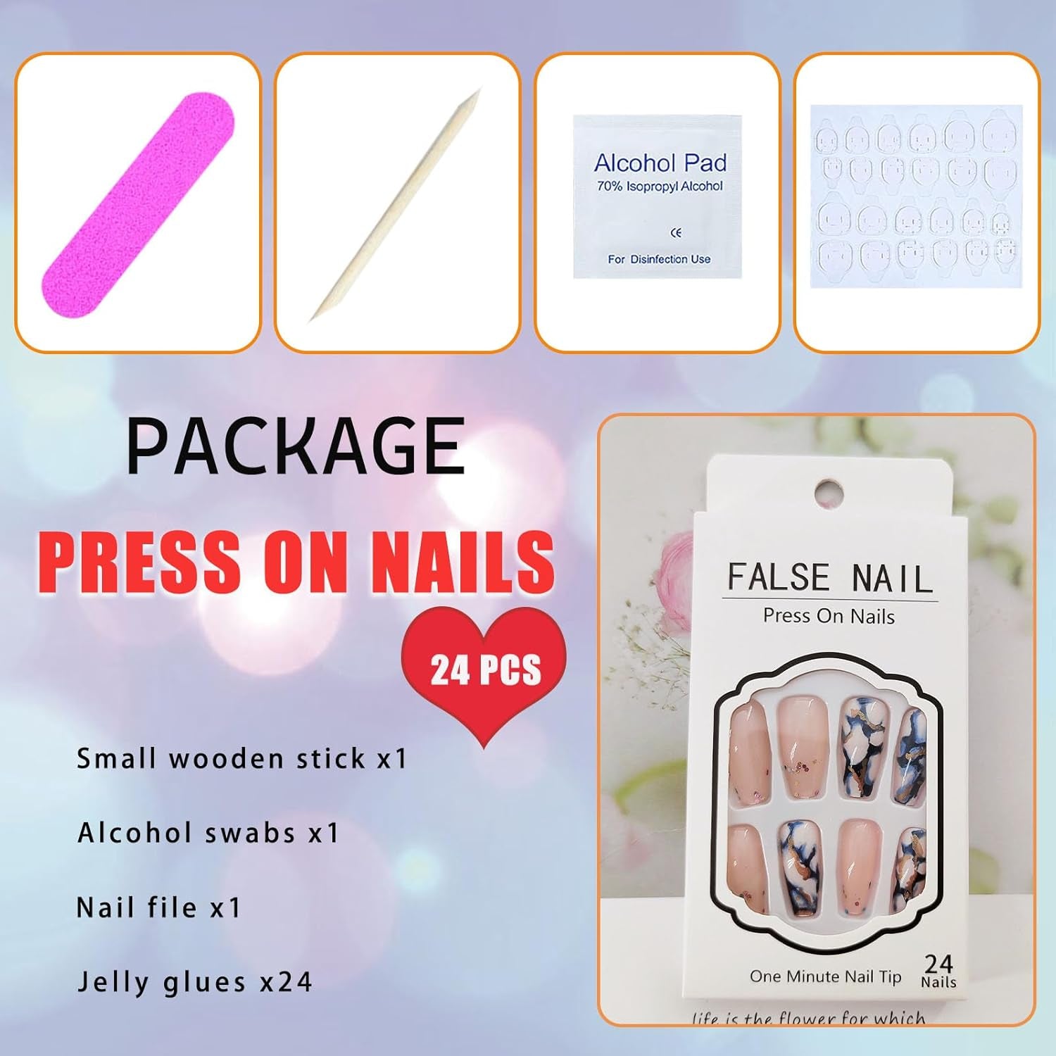Coffin Press on Nails Medium Length Fake Nails Artificial False Nails with Blue Marble & Sequins Designs Glossy Acrylic Nails Nude Full Cover Glue on Nails for Women 24 Pcs