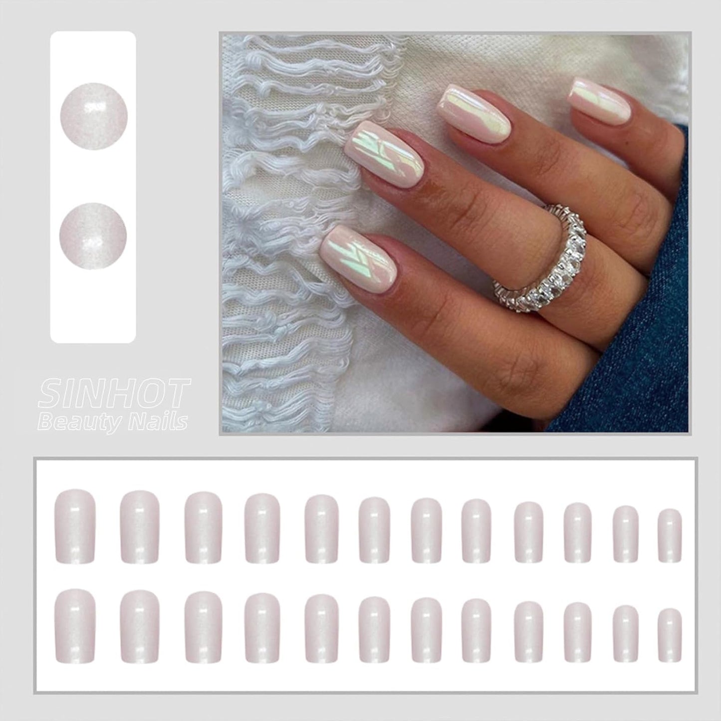 Press on Nails Medium Square Fake Nails Chrome Acrylic Nails Glossy Glue on Nails White Aurora Squoval Artificial Nails Pearl Flash Stick on False Nails with Design 24 Pcs