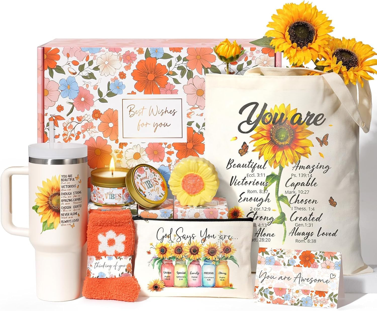 Christian Gifts for Women Faith, Religious Catholic Gifts for Women Mom Grandma Sister Coworker Inspirational Spiritual Sunflower Gifts Christmas Birthday Gifts for Women with Makeup Bag 40 OZ Tumbler