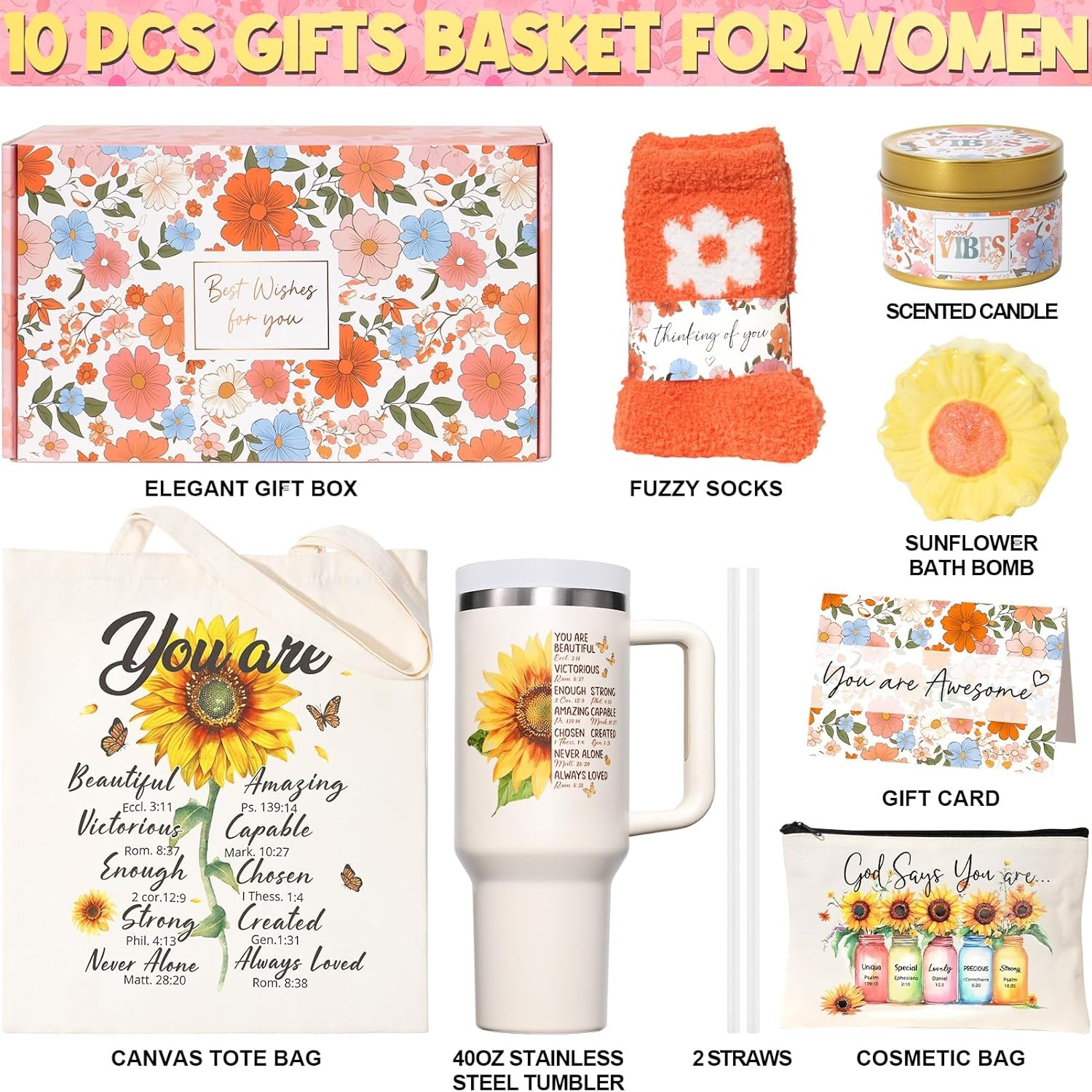 Christian Gifts for Women Faith, Religious Catholic Gifts for Women Mom Grandma Sister Coworker Inspirational Spiritual Sunflower Gifts Christmas Birthday Gifts for Women with Makeup Bag 40 OZ Tumbler