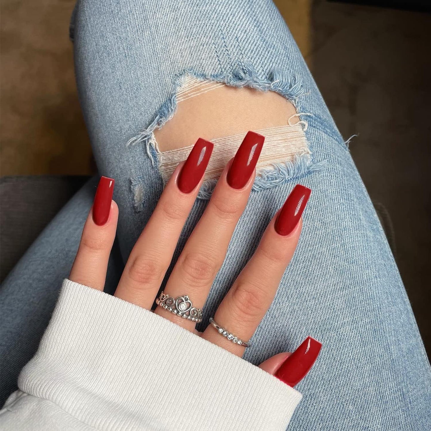 Red Press on Nails Medium Long Square,  Medium Coffin Nails Acrylic Nails Press Ons Glue on Nails Medium Length, Solid Color Fake Nails for Women Christmas Holiday Thick Artificial Nails