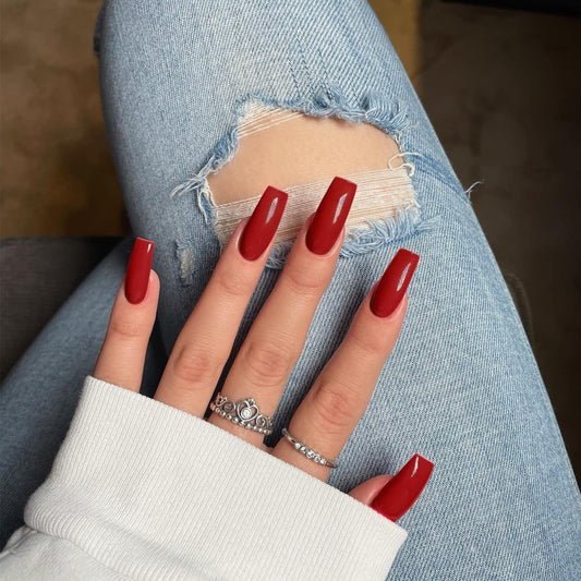 Red Press on Nails Medium Long Square,  Medium Coffin Nails Acrylic Nails Press Ons Glue on Nails Medium Length, Solid Color Fake Nails for Women Christmas Holiday Thick Artificial Nails